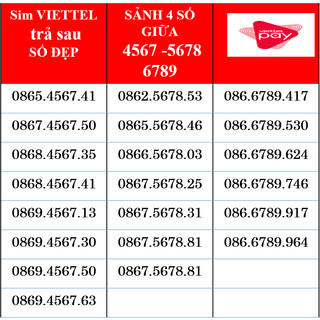 Sim viettel trả sau số đẹp sim sảnh 4 số giữa dễ nhớ, 4567, 5678, 6789
