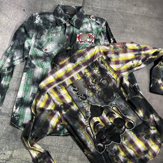 áo sơ mi ông địa rock túi hộp caro thêu lưng