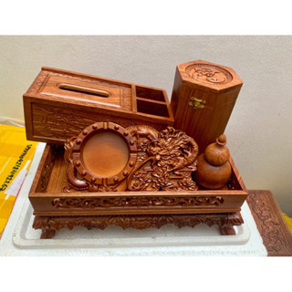 Bộ combo 5 loại khay trà chân quỳ, hộp 3 ngăn đựng giấy ăn, lọ tăm và hộp đựng chè bằng gỗ Hương trang trí phòng khách