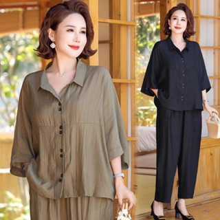 Sét Đồ Bộ Trung niên Chất Đũi hàng Bigsize(40-->93kg) Áo sơ mi phối  Quần chun rộng kiểu dáng Sang trọng quý phái