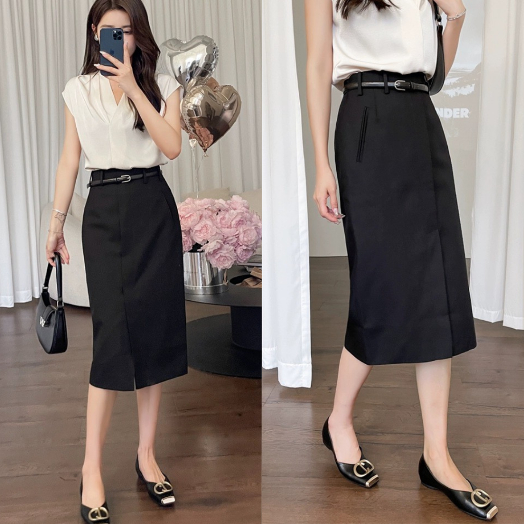 Chân Váy Bút Chì Suông Dáng Dài Xẻ Trước 2 Lớp Ép Mùng, Mã CV73