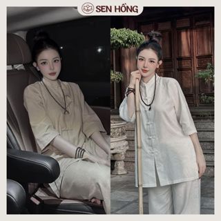 Quần Áo Đi Chùa - Pháp Phục Đi Chùa Đũi Cổ Tàu - Bộ Đồ Lam Đi Chùa Nữ truyền thống vải đũi trang nghiêm G20