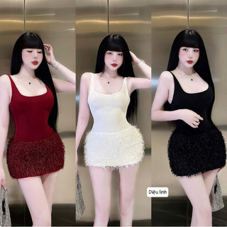 Đầm body 2 dây cổ vuông chất nhúng phối lông siêu chảnh d43