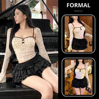 Set 3 món chân váy 4 tầng xòe bồng kèm áo 2 dây chấm bi đính nơ và áo khoác cardigan F136