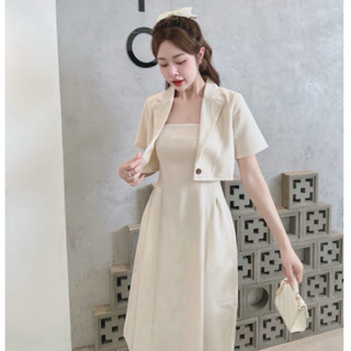 (S251)SET ÁO CỔ VEST KÈM ĐẦM 2 DÂY MIDI xếp ly eo dáng xoè đi tiệc đi chơi đi làm