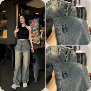  Quần bò ống rộng nữ cạp cao quần jeans ống rộng lưng cao vải bò dày đẹp không giãn dáng suông thêu chữ H 