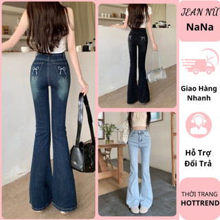 Quần jeans nữ ống loe thêu nơ co giãn 4 chiều cạp cao qua rốn chất vải dày dặn phối đồ siêu xinh