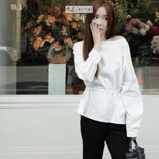  áo sơ mi lệch vai nữ 1 bên tay bồng thiết kế phối dây buộc eo 2 màu siêu xinh 