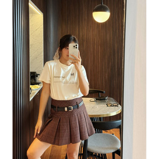 Chân váy kẻ nâu xếp ly ngắn kèm đai-CAMkorea