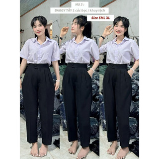 Quần baggy cúc bọc - nhê lệch  nữ đi học lưng cao đũng dài  tôn dáng