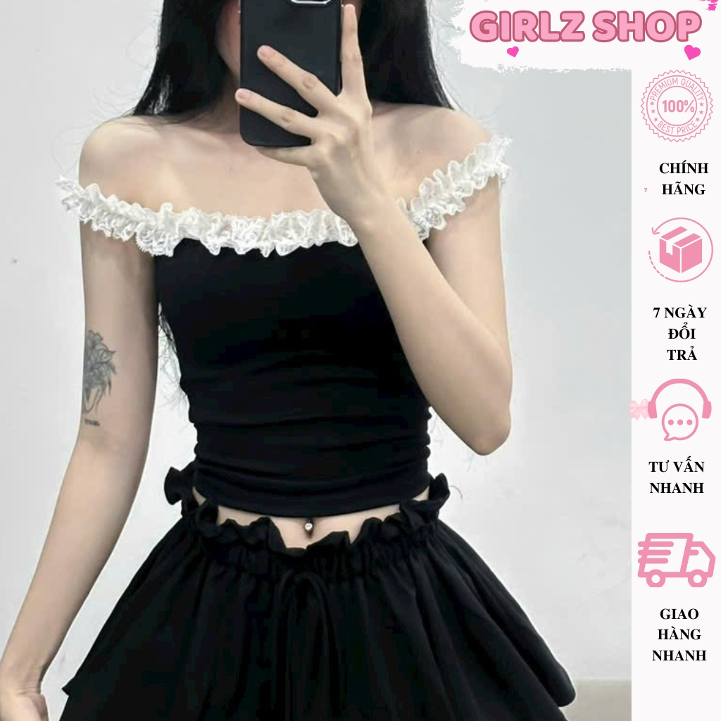 Áo croptop kiểu trễ vai phối ren ôm body quyến rũ GirlZ Shop, Áo kiểu nữ mặc được 2 kiểu chất borip 