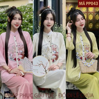 Mã PP043_Pháp Phục Đi Chùa Cho Nữ, Mã Voan Thêu Hạc Khuy Ngọc Đen, Chất Liệu Áo Voan Tơ Óng, Lót Habutai, Quần Lụa Vân