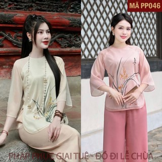 Mã PP046_Pháp Phục Thanh Lịch Đi Lễ Chùa Cho Nữ, Áo In 5D Hình Cỏ Lúa, Chất Liệu Áo Lụa Voan Óng Mềm Mại, Quần Lụa Vân