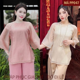 Mã PP047_Pháp Phục Đi Chùa Cho Nữ, Mã Đũi Tơ Trơn Tay Ráp Lăng, Chất Liệu Áo Vải Tằm Sợi Tơ, Lót habutai, Quần Lụa Vân