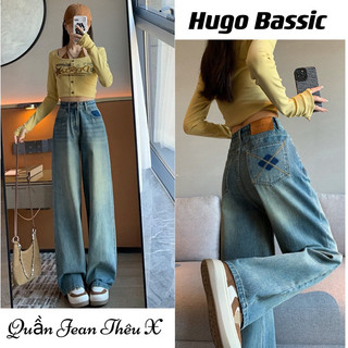 Quần jean nữ lưng cao ống suông thiết kế thêu x túi sau