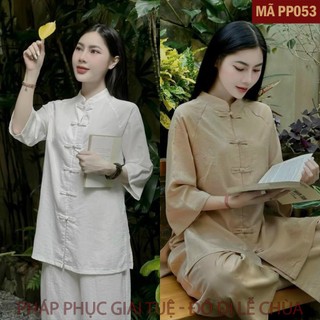 Mã PP053_Pháp Phục Thanh Lịch Đi Lễ Chùa Cho Nữ, Mã Đũi Thiền, Chất Liệu Đũi Xước Nhật Mềm Mại, Áo Lửng Tay, Khuy Tàu
