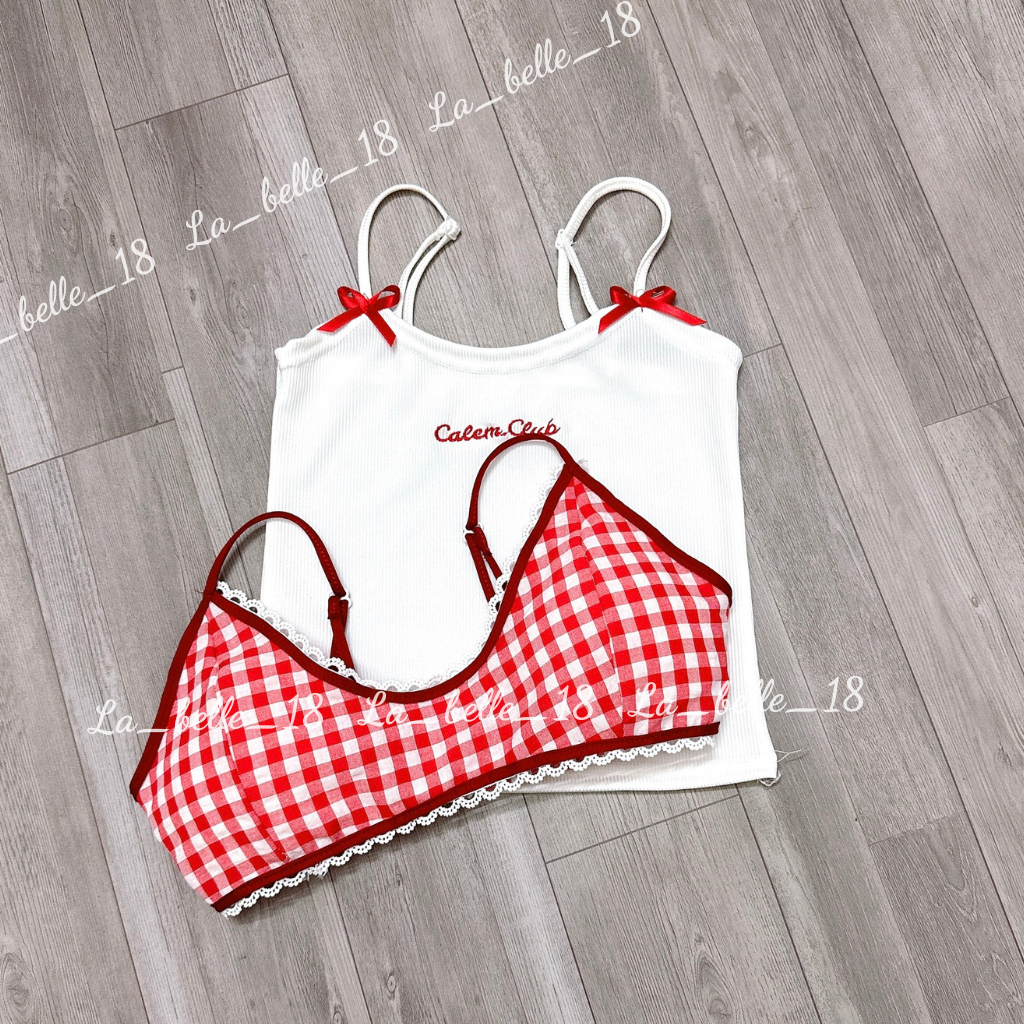 Set Áo nữ 2 dây Trắng kèm CORSET Bra caro đỏ sexy dễ thương La_belle_18 | BigBuy360 - bigbuy360.vn