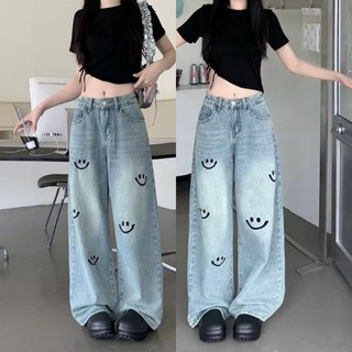 Quần jeans suông thêu ONKIM mặt cười dáng dài cạp cao hách dáng chất bò dày đẹp cho nữ