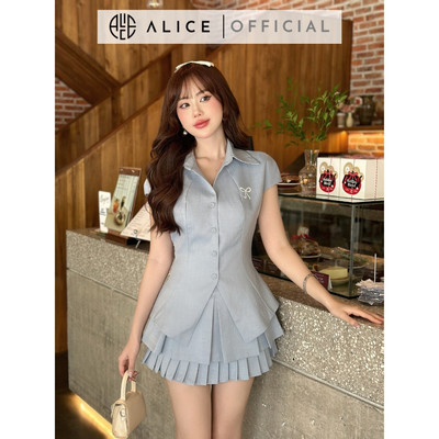 Set Áo Cổ Đức Ngắn Tay Và Chân Váy Xếp Ly ALICE Thiết Kế Chiết Eo Tôn Dáng Phong Cách Trẻ Trung S645