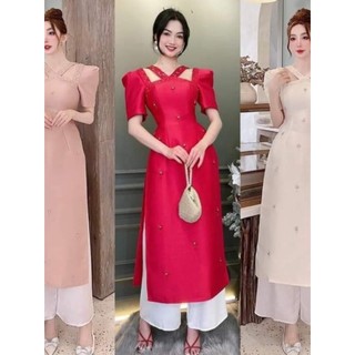 áo dài cách tân nữ thiết kế cổ vuông,tay bồng đính đá trẻ trung sang chảnh màu hồng be