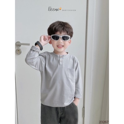 Áo dài tay Beemo cho bé trai, cổ tròn basic phối túi đính cúc gỗ vải cotton mềm mại, co giãn cho bé 9-24kg 23267A