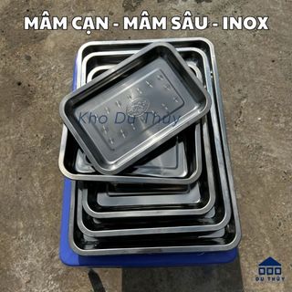 Khay inox chữ nhật loại cạn và sâu dùng làm mâm phục vụ chất liệu inox sáng bóng