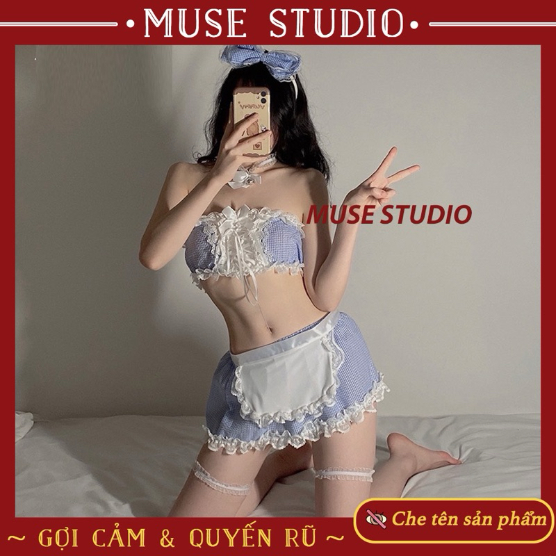 Đồ Ngủ Cosplay ✨𝑯𝑨̀𝑵𝑮 𝑪𝑨𝑶 𝑪𝑨̂́𝑷✨ Bộ Cosplay Hầu Gái Sexy Xanh Caro, Cosplay Cô Giúp Việc Gợi Cảm, Se