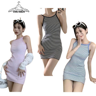Váy đầm body nữ 2 dây dáng ngắn thiết kế cổ yếm khoét lưng họa tiết kẻ ngang chất len tăm co giãn XUONGMAYTHUHIEN