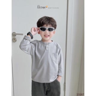  Beemo áo dài tay cho bé trai cổ tròn basic phối túi đính cúc gỗ vải cotton mềm mại co giãn mặc đi học đi chơi 23267A 