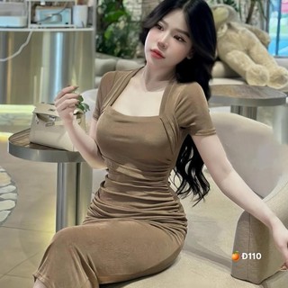 đầm ôm body cổ vuông nhúng sườn nhn