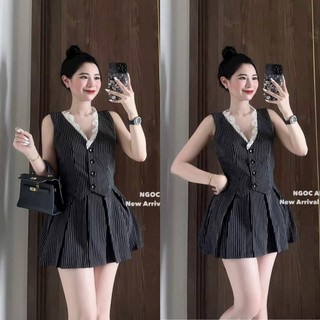 Set áo váy nữ linen sọc áo kiểu cổ phối ren kèm chân váy xòe xinh xắn