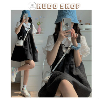 Váy yếm babydoll cute màu trắng kết hợp đen siêu xinh phong cách học sinh ulzzang KUDOSHOP