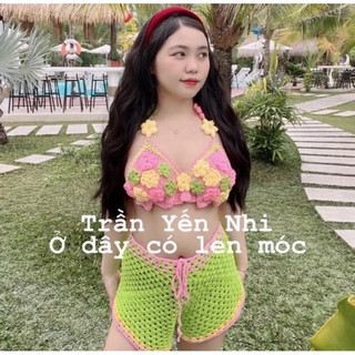 Set áo hoa và quần len móc-98 màu thủ công