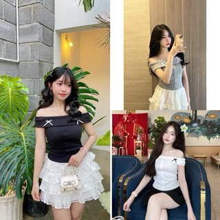 Áo thun trễ vai croptop đính nơ phong cách tiểu thư 3 màu -MMO11