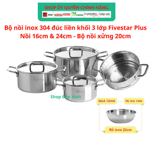 Bộ nồi inox 304 cao cấp Fivestar Plus 3 lớp đúc liền khối nắp inox 4 món , dùng được mọi bếp , hàng chính hãng