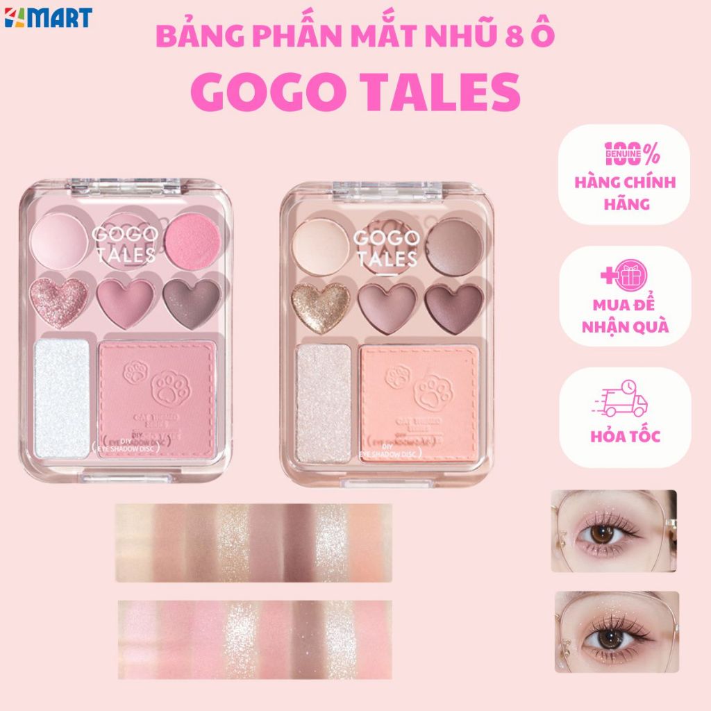  Bảng mắt Gogo Tales 8 ô trái tim 3in1 kèm má hồng phấn má Bảng phấn mắt nhũ có nhũ highlight. 