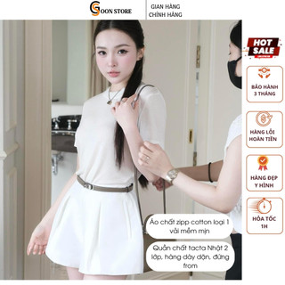 Set nữ kèm đai - Set đồ bộ nữ cộc tay mix quần đùi hack dáng sang chảnh basic 2 màu đen trắng