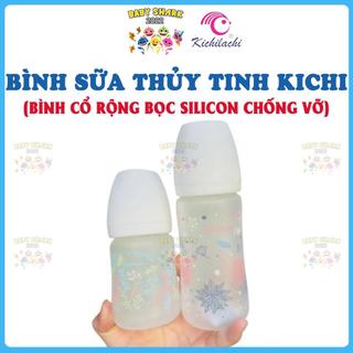  Bình sữa thủy tinh tráng silicon Kichilachi bình sữa cổ rộng kèm núm ti siêu mềm 150ml 240ml 