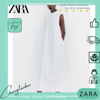 Zara Auth Đầm midi gân ba lỗ xuông dài cổ tròn trắng size s