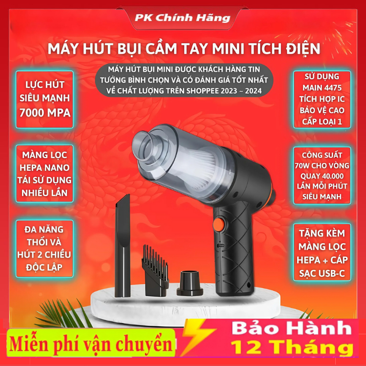 Máy Hút Bụi Mini Cầm Tay Không Dây Lực Hút 7000PA Nhỏ Gọn, Pin Sạc Tiện Lợi, Công Suất 70w Siêu Mạnh