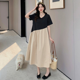 Đầm thun suông dáng dài fom rộng đen phối màu nâu vàng thời trang bigsize
