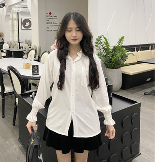 Áo sơ mi nữ dài tay trắng đi học, đi làm cổ bẻ form rộng vừa, bo nhún cổ tay vải mềm mại