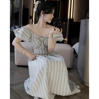 Kim Clothing - Set sọc xanh áo trễ vai cổ v dáng croptop thun sau + chân váy xoè dài có lót nữ tính quyến rũ