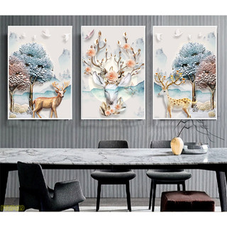 Bộ 3 Tranh Tráng Gương 5D "HƯƠU TUYẾT", TranhTreo Tường Decor Không Gian Nhà cửa.