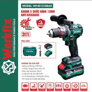   ANTI-KICKBACK  Máy khoan pin 13mm Workfix WF-ID13100AK lực siết 100Nm Không Chổi Than AutoLock. 