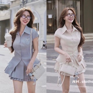 [8.8 Sales Freeship] Set váy thiết kể nữ, set áo sơ mi cộc tay thêu hình nơ mix chân váy kaki xếp ly tầng sang chảnh mtb