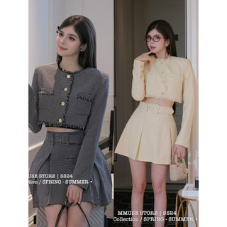Set áo vest dạ croptop chân váy a xếp li kèm belt