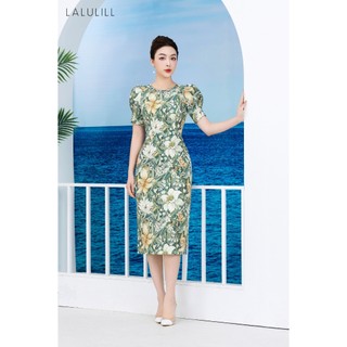 Đầm liền dáng ôm công sở LALULILL tay bồng hoạ tiết hoa tuýt xi co giãn LDL242900