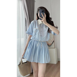 Váy kẻ xanh đính đá cài khuy cộc tay dáng ngắn