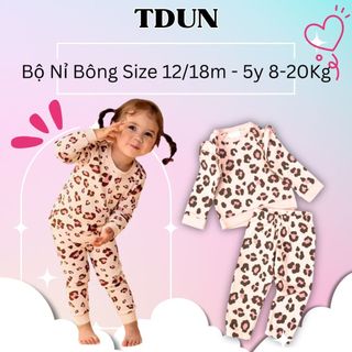 Bộ thu đông bé gái TDUN B002 chất nỉ bông mềm dài tay cổ tròn ấm màu beo size 12/18m - 5y 8-20kg